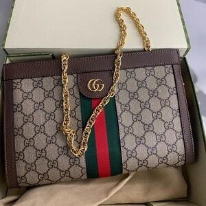 Gucci Beige and Brown Shoulder Bag with Gold Chain